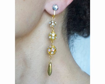 Pendientes de clip CLIPS, con diamantes de imitación de cristal, metal transparente y chapado en oro, diseño francés, hechos a mano, sin níquel, regalo para ella.