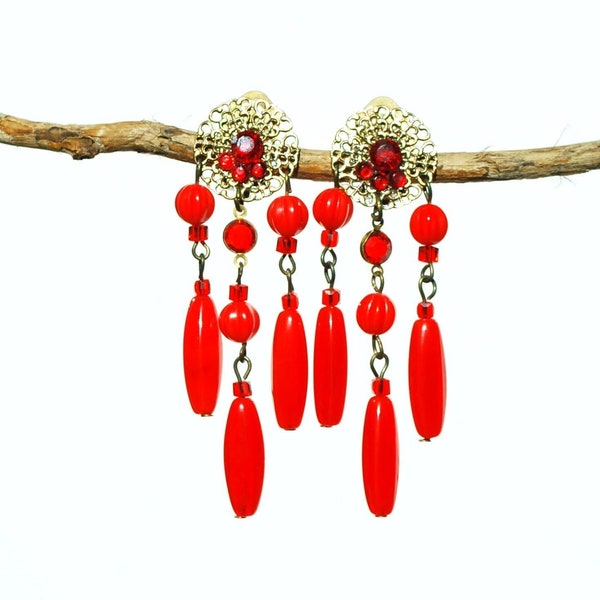 CLIPS Boucles d'oreilles Clips pendantes Rouge & Bronze Cristal Bohême Bijoux Création française fait main sans nickel Cadeau pour elle