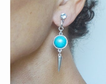 Orecchini a clip CLIP con howlite, turchese e zirconi, in argento, gioielli di design, creazione francese, fatti a mano, senza nichel, regalo per lei