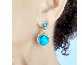 CLIP on Earring Blue Murano, Venice bead & Gold, Cristal, dangle French design Dangle Hand Made Nickel free