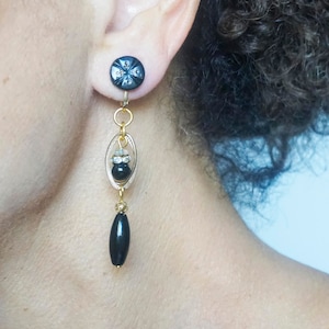 CLIPS on Earrings black & gold Clips earrings Dangle drop Czech Bohemian cabochon vintage French design hand made Nickel free Gift for her