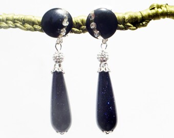 Boucles D'oreilles Vintage à Clip Doré, Strass Et Cabochons Noirs - Fantaisie France
