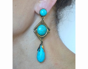 CLIP on earrings Clips-on Turquoise Howlite & bronze Long earrings Turquoise GEM French design Hand made Nickel free Gift for her