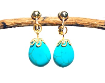 Orecchini a clip, orecchini pendenti in howlite marmorizzata turchese e oro, gioielli di design, design francese, realizzati a mano, senza nichel.