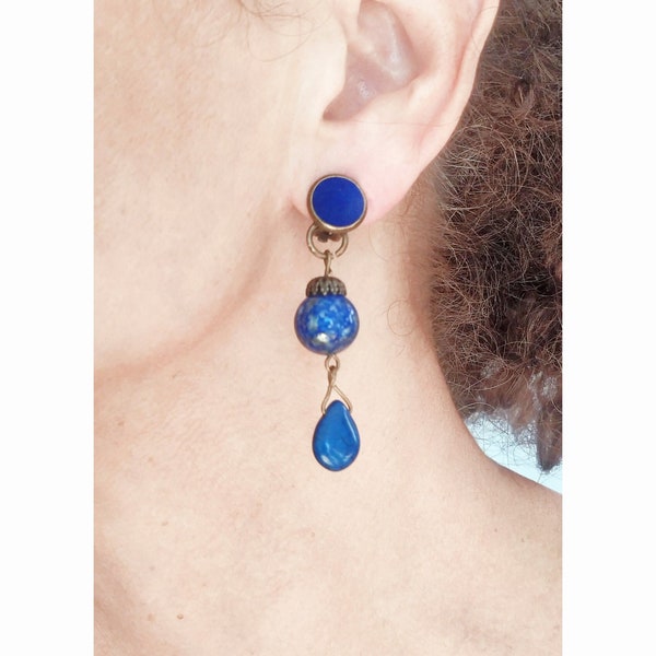 Clip Boucles d'oreilles Clips Howlite Bleu Lapis & bronze Pendantes Bijoux créateur Création Française Fait main  cadeau Fête des mères