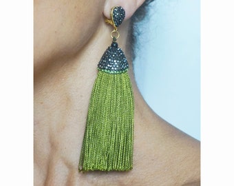CLIP on Earrings  Green & Gray Clips earrings long Dangle Cristal Rhinestone Green Tassel French design Hand made Nickel free Gift for her