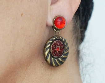 Boucles D'oreilles Clips Vintage - Cabochon Rouge Pailleté Sur Fond Or - Modèle 5140