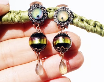 CLIPS on Earrings Black & Gold Dangle Bead Bohemian crystal Murano Glass Venice Filigree French design hand made Nickel free Gift for her