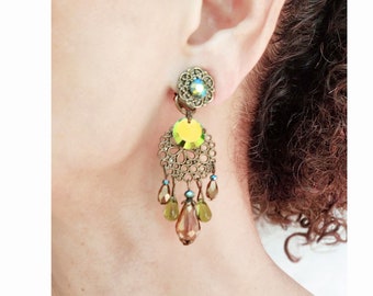 CLIP on Earrings Green & Bronze Swarovski Cristal, Agate Gem, glass, Earrings long Dangle teardrops Chandelier French design Hand made