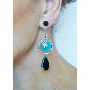 CLIPS Pendientes de clip Azul turquesa Negro y plata Gota Cristal Esmalte Joyería Creación francesa Hecho a mano sin níquel Para ella