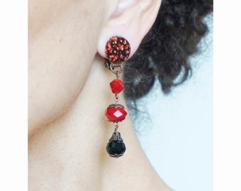 CLIP on earrings Red-black & Bronze earrings, Vintage rare cabochon, Dangle faceted round beads, French design Hand made France Nickel free