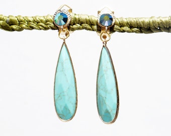 Orecchini a clip con turchese howlite blu e oro, gioielli di design francese, realizzati a mano, senza nichel, garanzia, regalo per lei.