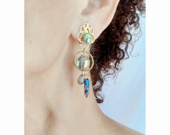 MURANO CLIP on Earrings Blue & Gold Long Clips on earrings Murano beads, Venice Dangle Chains