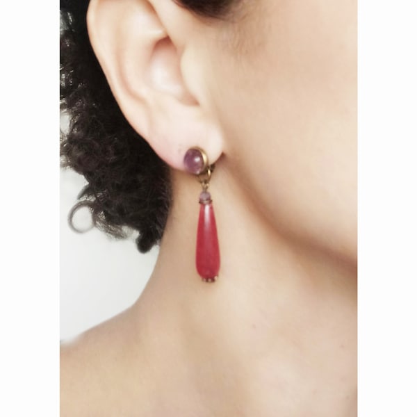 CLIP Boucles d'oreilles Clips Rouge framboise Goutte Agate & Opaline Cabochon Bijoux créateur Création française fait main