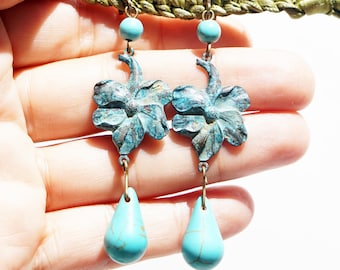 CLIP Boucles d'oreilles Clips Howlite Turquoise & Bronze estampe Vintage Bijoux créateur Création française fait main Nickel free Pour elle