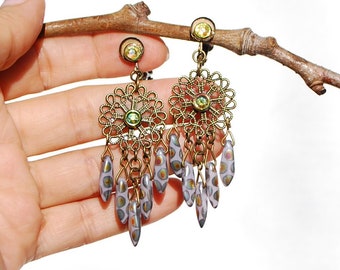 CLIPS on Earrings Gray & Bronze Clips Bohemian cristal Dangle drop Filigree French design Handmade Nickel free Gift for her