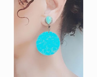 CLIP on earrings Turquoise blue & Bronze, Dangle round pendant, Natural Gem stone Howlite turquoise, French design Hand made, Gift for Her.