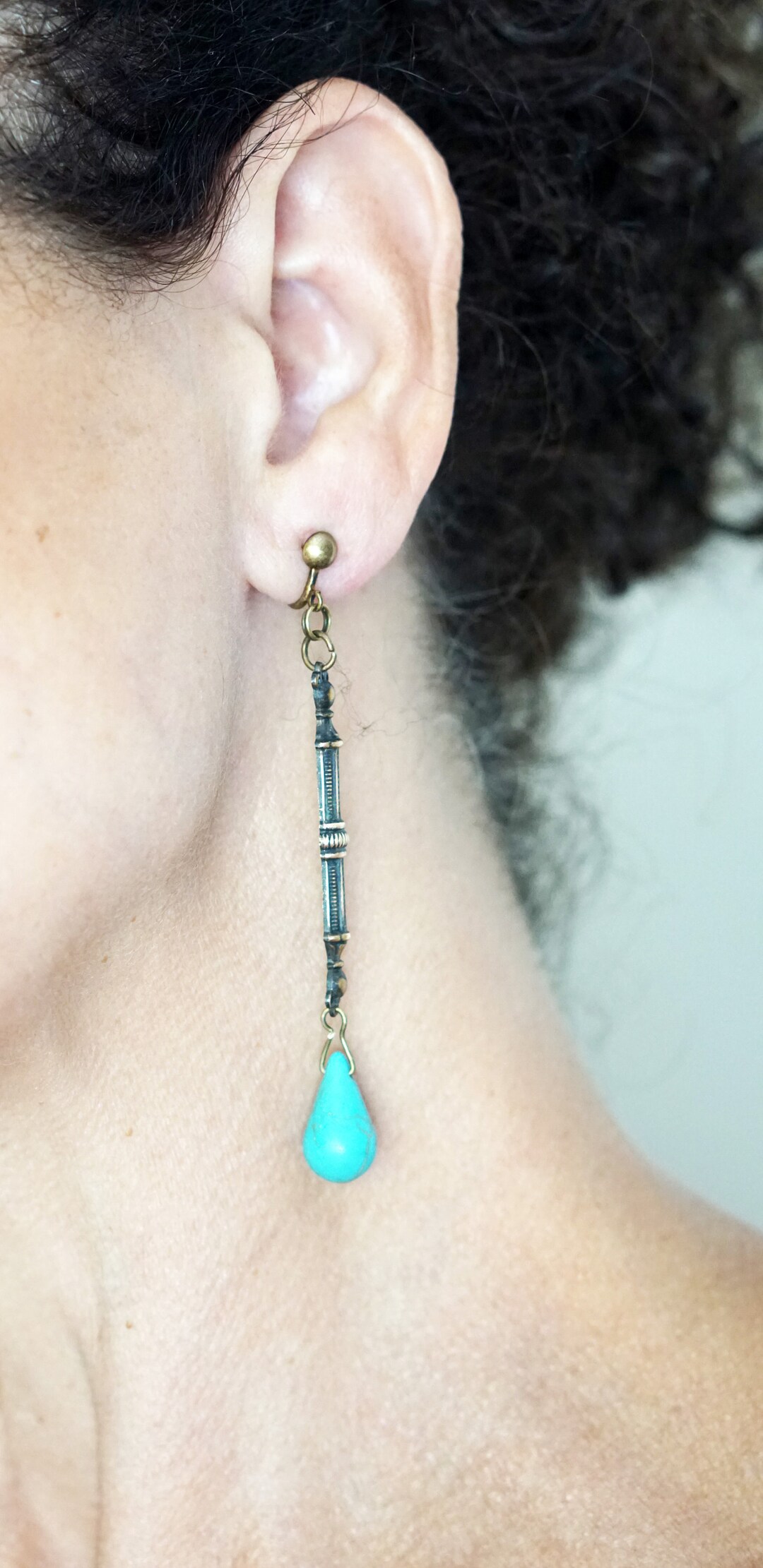 CLIP on Earrings Clipson Howlite Turquoise Gem & Bronze Earrings Long