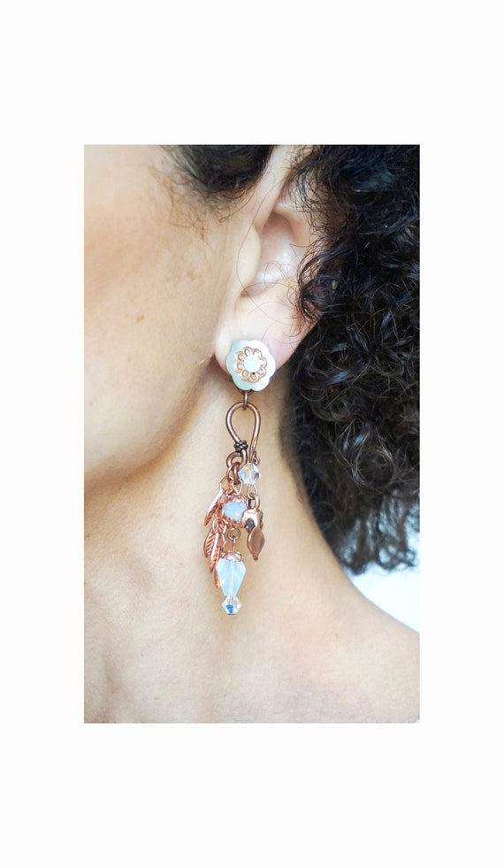 CLIP on Earrings Green Light Copper Pink Metal Clips Earrings