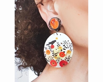 CLIP on earrings White, Orange, Black, Dangle Round earrings, Natural Flower; French design Hand made Nickel free Gift for Her