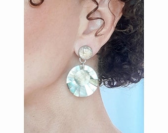 CLIP on Earrings Beige/ Grey - White Mother of pearl on silver Clip-ons Dangle round French design  Handmade Nickel free Gift for her