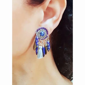 CLIPS Pendientes de clip azul y bronce, filigrana, gota de cristal Boho Joyería de diseño Creación francesa Hecho a mano