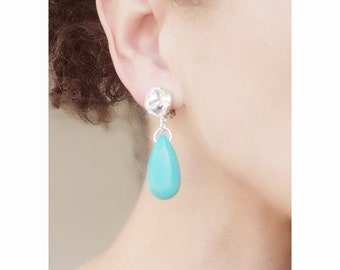 CLIP on earrings Turquoise Blue Gem & Swarovski Crystal Silver earring Round  earrings Turquoise GEM  Dangle  French design Hand made