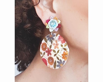 CLIP on earrings White, multicolor floral Round earrings, Natural Flower; French design Hand made Nickel free Gift for Her
