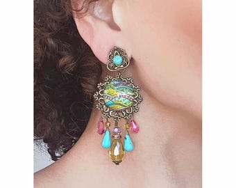 CLIPS on Earring Clip on Turquoise blue, Yellow, Pink & Bronze Stamp, Cristal Drop Dangle French design