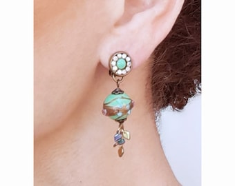 CLIP on Earrings Hand made Green beads & coper, Dangle, Rustil Glass bead, Cristal, French design Hand made Gift for her