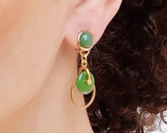Boucles D'oreilles Clous Or Avec Perle Verte Jade - Bijou Vintage Référence 2117 - Très Bon état