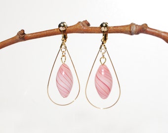 MURANO CLIP on Earrings Pink & gold, Original Murano glass Blown, teardrop bead dangle, French design Hand made Nickel free