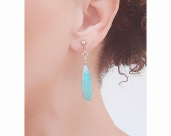 CLIP on earrings Turquoise Blue Howlite Gem & Gold metal, Teardrop earrings, Dangle, French design Hand made Nickel free
