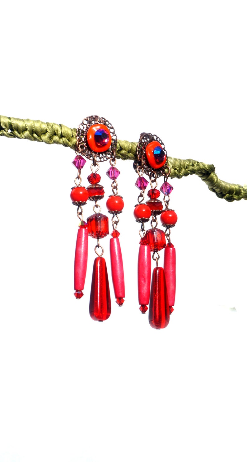 CLIPS on Earrings Red-Pink Fuchsia /& Copper Clips earrings Dangle Chandelier Crystal Beads French design Hand made Nickel free Gift for her
