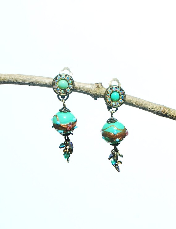 Boucles D'Oreilles Pendantes Fantaisie – Vert Turquoise Et Bronze – Clip Argenté – Marque Générique