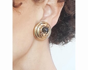 Boucles D'oreilles Clips Vintage En Or Avec Cabochon Résine Ambrée - Bijou Rare Des Années 90