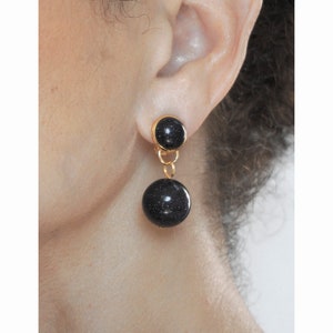 CLIP on Earrings Black gold stone Gem / Gold Clips Semi precious stone  Dangle drop  French design Hand made Nickel free Gift for her