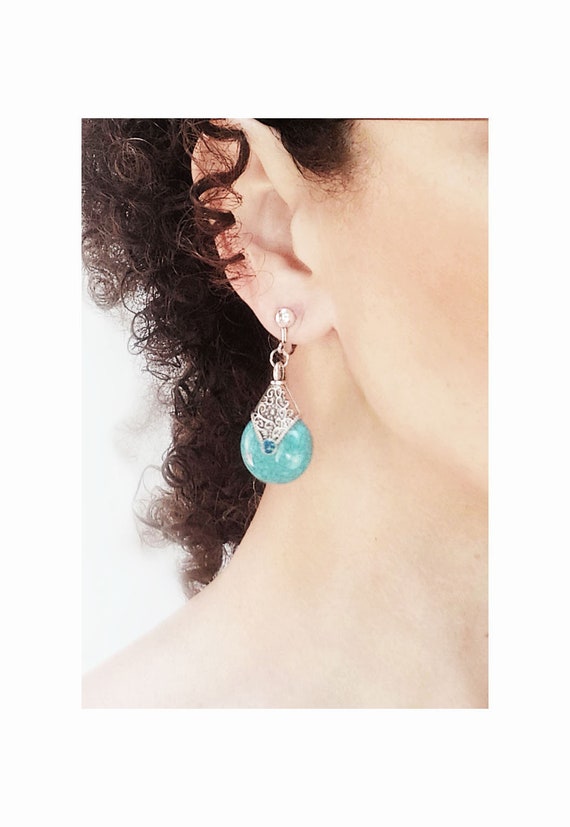 Boucles D'Oreilles Strass Turquoise Sur Métal Argenté - Garanti Sans Nickel - Neuves Avec Étiquettes