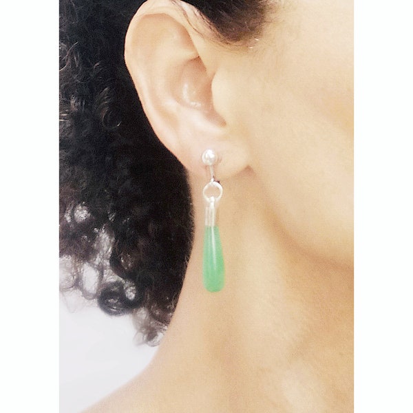 CLIP Boucles d'oreilles Clips Vert & Argent, Goutte Agate Gem, Bijoux créateur Création française