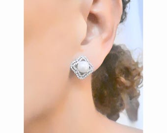 CLIP on Earrings White Pearl & Zirconia Gem Clip ons White mother of Pearl lobe clip-ons French design Handmade Nickel free Gift for her