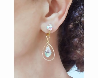 Pendientes colgantes CLIPS, cristal AB transparente y dorado, diamantes de imitación Swarovski, diseño francés, hechos a mano, sin níquel.