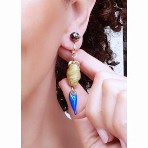 CLIP on Earrings Green Blue & Gold, Vintage Glass bead.