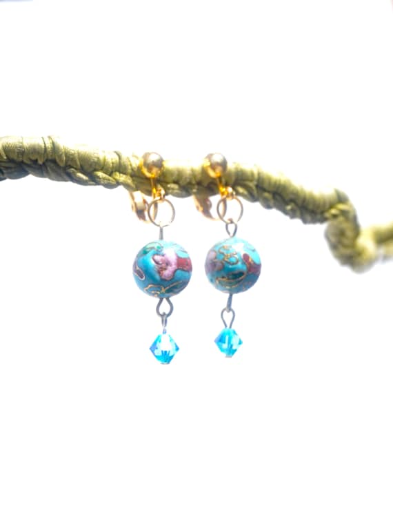 Boucles D'oreilles Clip Strass Doré, Perle Turquoise Et Verre Facetté Bleu - Modèle EH6 - Neuf Sans Emballage