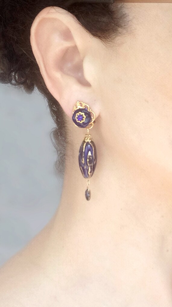 Boucles D'oreilles Pendantes Vintage Dorées Et Bleues - Clips Plastique Made In Italy