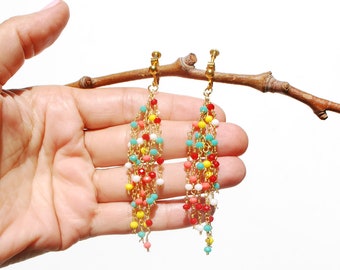 CLIP on earrings multicolor & Gold Channel with small faceted beads Clips French design Cristal Hand made Nickel free gift for her