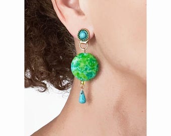 CLIP on Earrings Blue & Gold  Long Dangle earrings Blue Howlite and Turquoise.