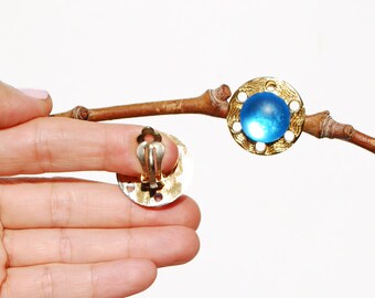 Boucles D'oreilles Clips Vintage - Verre Bleu Sur Monture Dorée, Sans Marque, Occasion