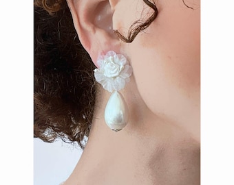 CLIP on Earrings White & Silver Clips White mother of pearl imitation Pearl, Dangle drop  French design  Handmade Nickel free Gift for her