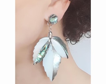CLIPS on Earrings Clips Blue Gray Abalone shell & silver metal Dangle drop Creative jewelry French Desigh