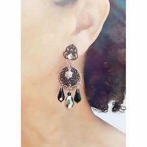 CLIPS on Earrings Black & Silver Clips earrings Dangle drop Swarovski cristal Filigree French design Hand made Nickel free Gift for her